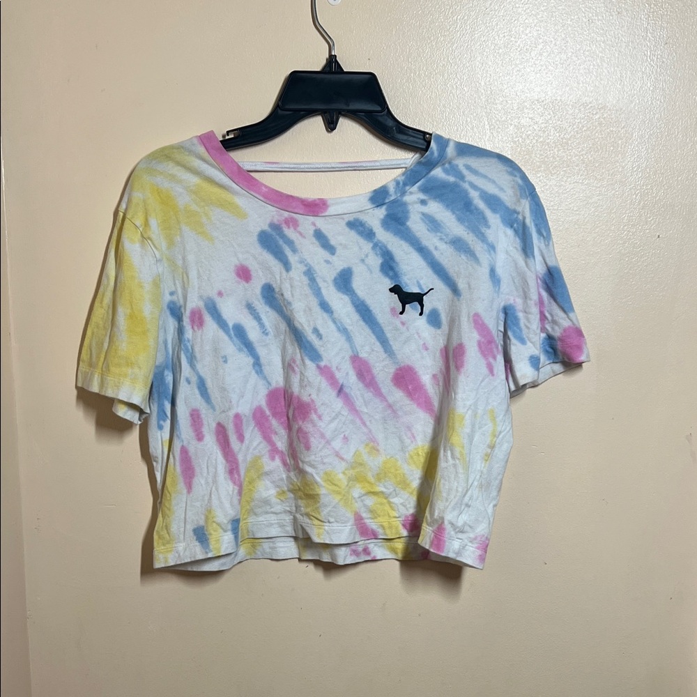 PINK Victoria's Secret Tie-Dye Cropped Tee in Blue, Pink & Yellow
